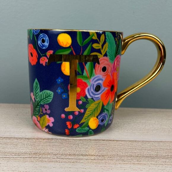 Anthropologie x Rifle Paper Co T Initial Mug Boho Floral Blue Coffee Cup Anthro - Picture 1 of 12